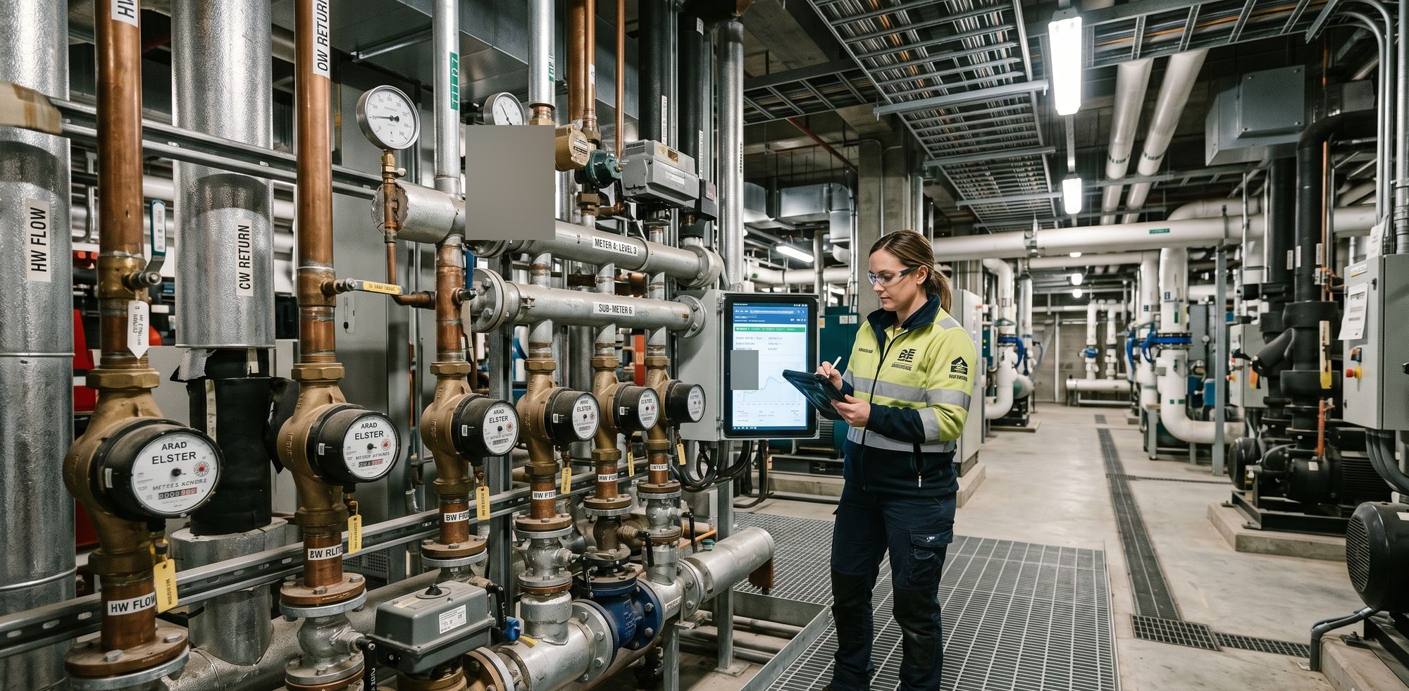 Female engineer in hi-vis reviewing sub-meter data on a tablet in a commercial building plant room, rows of water meters and copper pipework behind