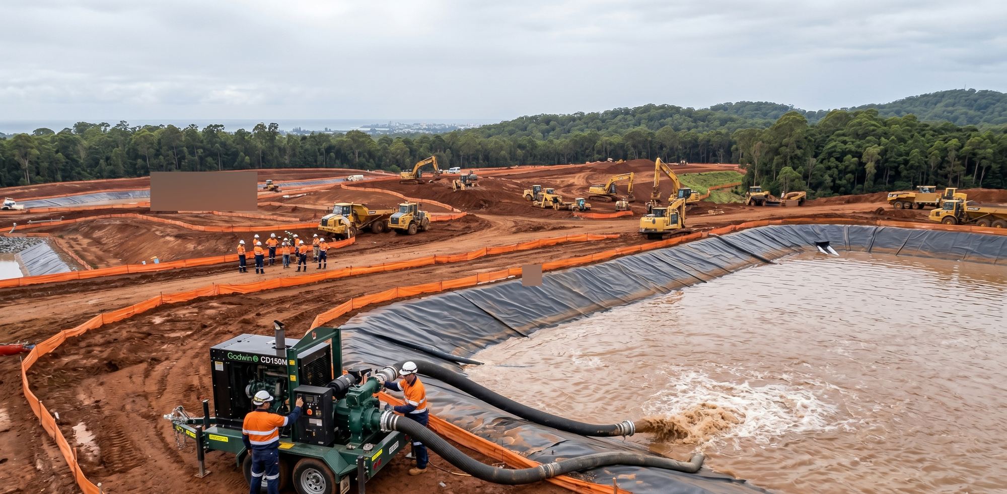 Construction workers operating a Godwin dewatering pump discharging into a large lined sediment basin on a coastal civil site, orange ESC fencing and excavators working red soil behind