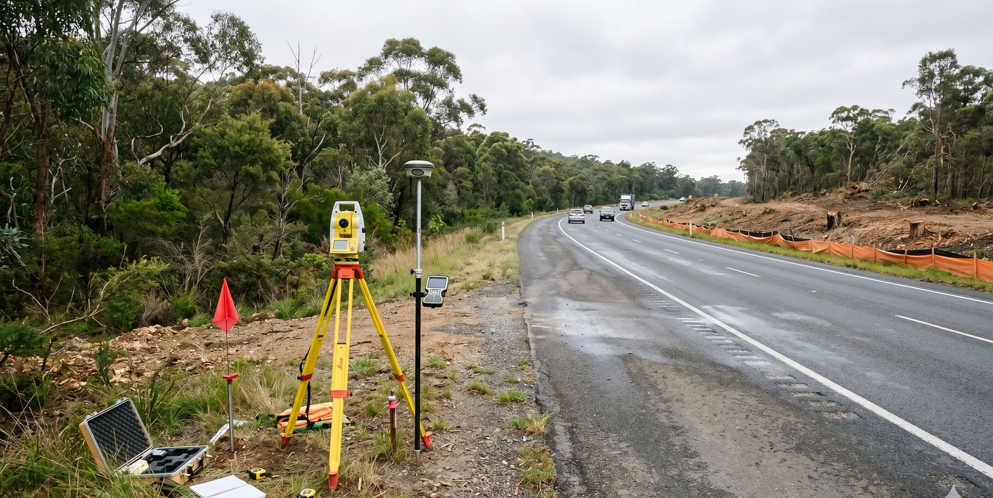Survey equipment on an Australian highway corridor with native bushland — environmental assessment fieldwork