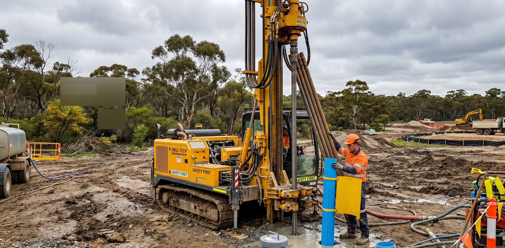 Drill rig installing a groundwater monitoring bore on a wet civil construction site, orange-clad engineer guiding blue PVC casing, eucalyptus woodland and spoil mounds behind