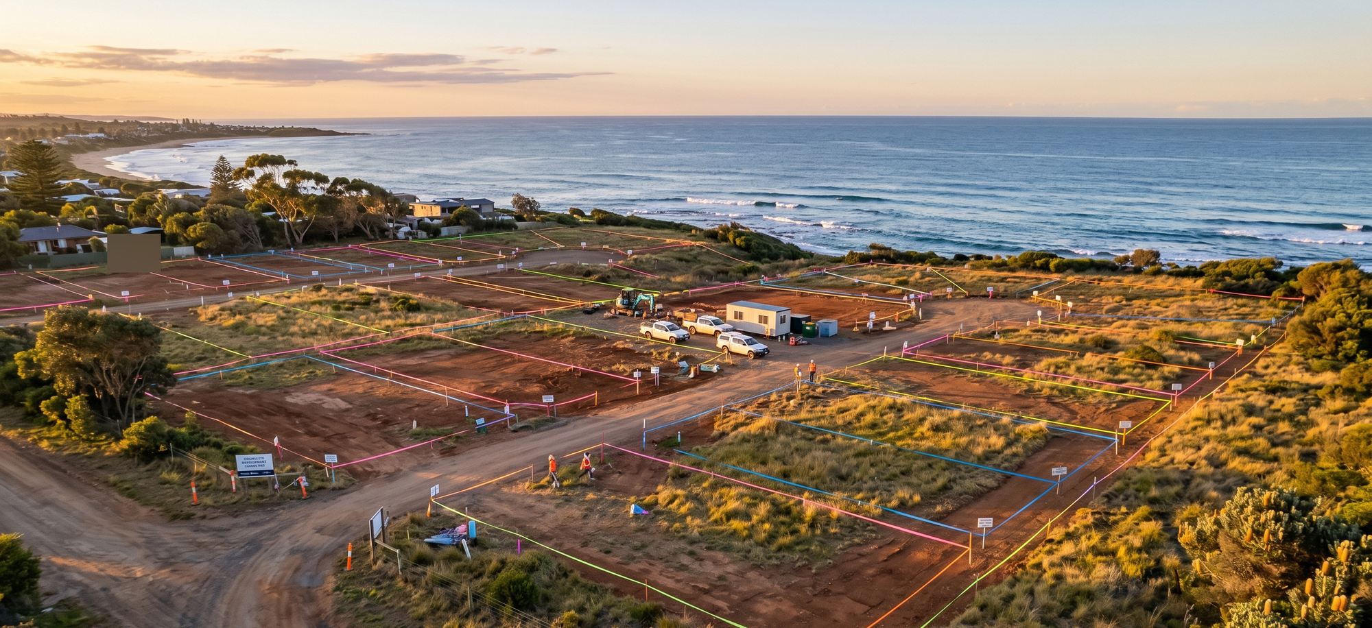 Aerial view of a coastal NSW development site at golden hour, assessment zone markers and staging flags visible across cleared land, ocean and headland in the background