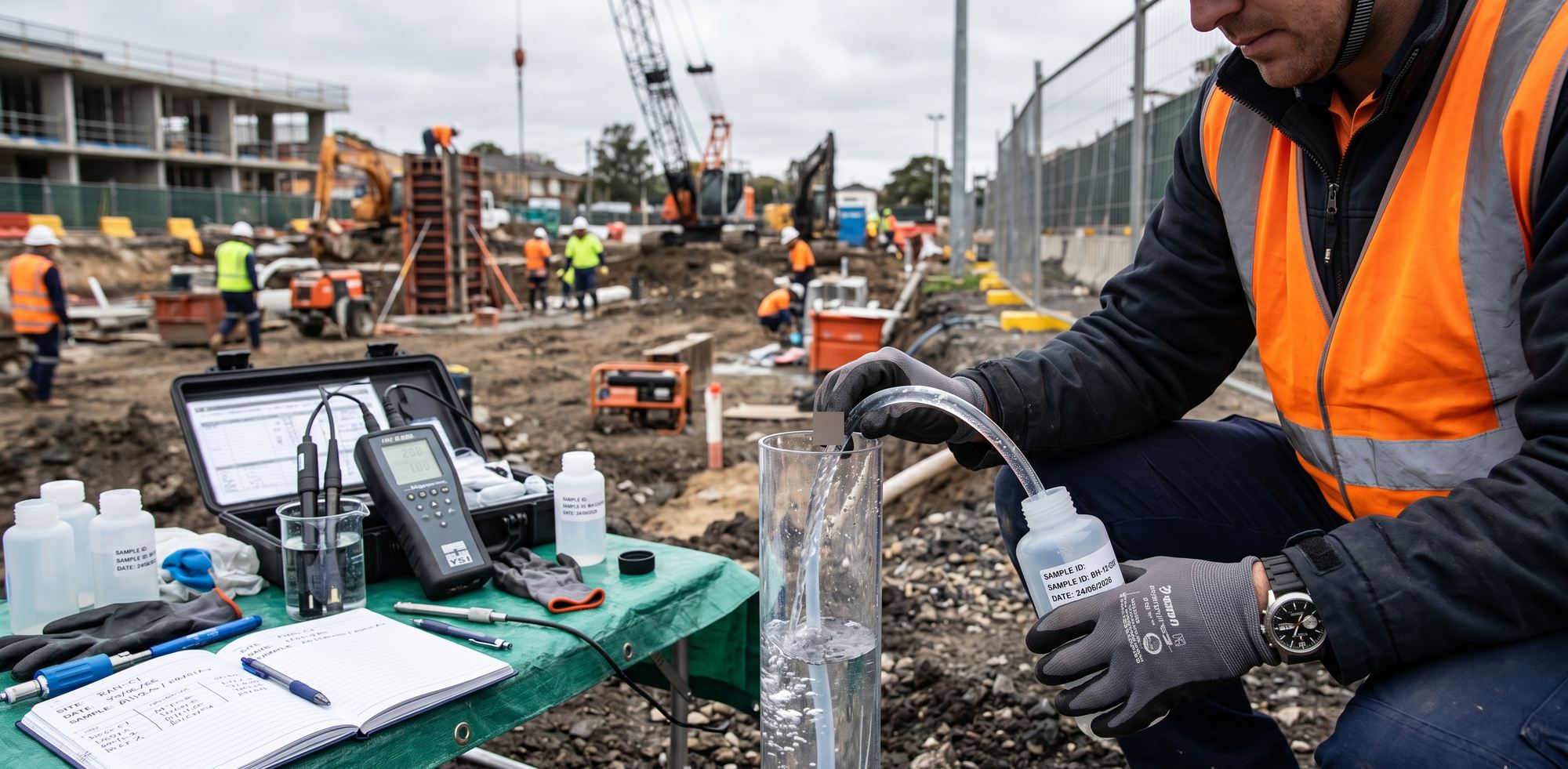 Environmental engineer filling a sample bottle from a groundwater bore on an active construction site, field kit and YSI meter on a portable table, crane and workers in background