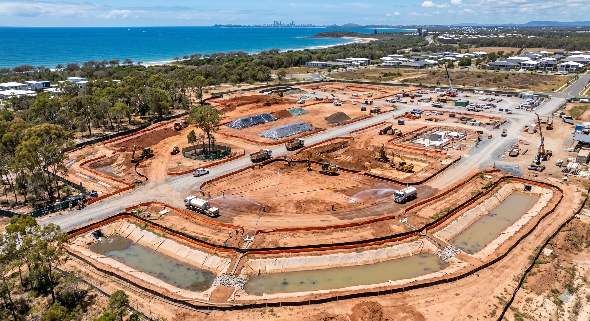 Active construction site aerial — water and environmental engineering project