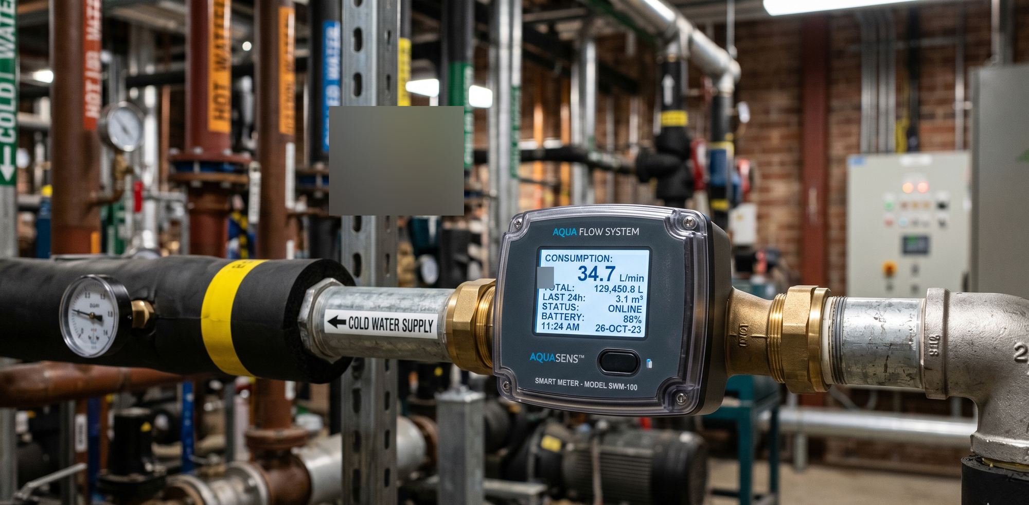 Smart water meter display showing real-time consumption data on a cold-water supply pipe in a commercial building plant room, coloured pipe manifolds and pumps behind