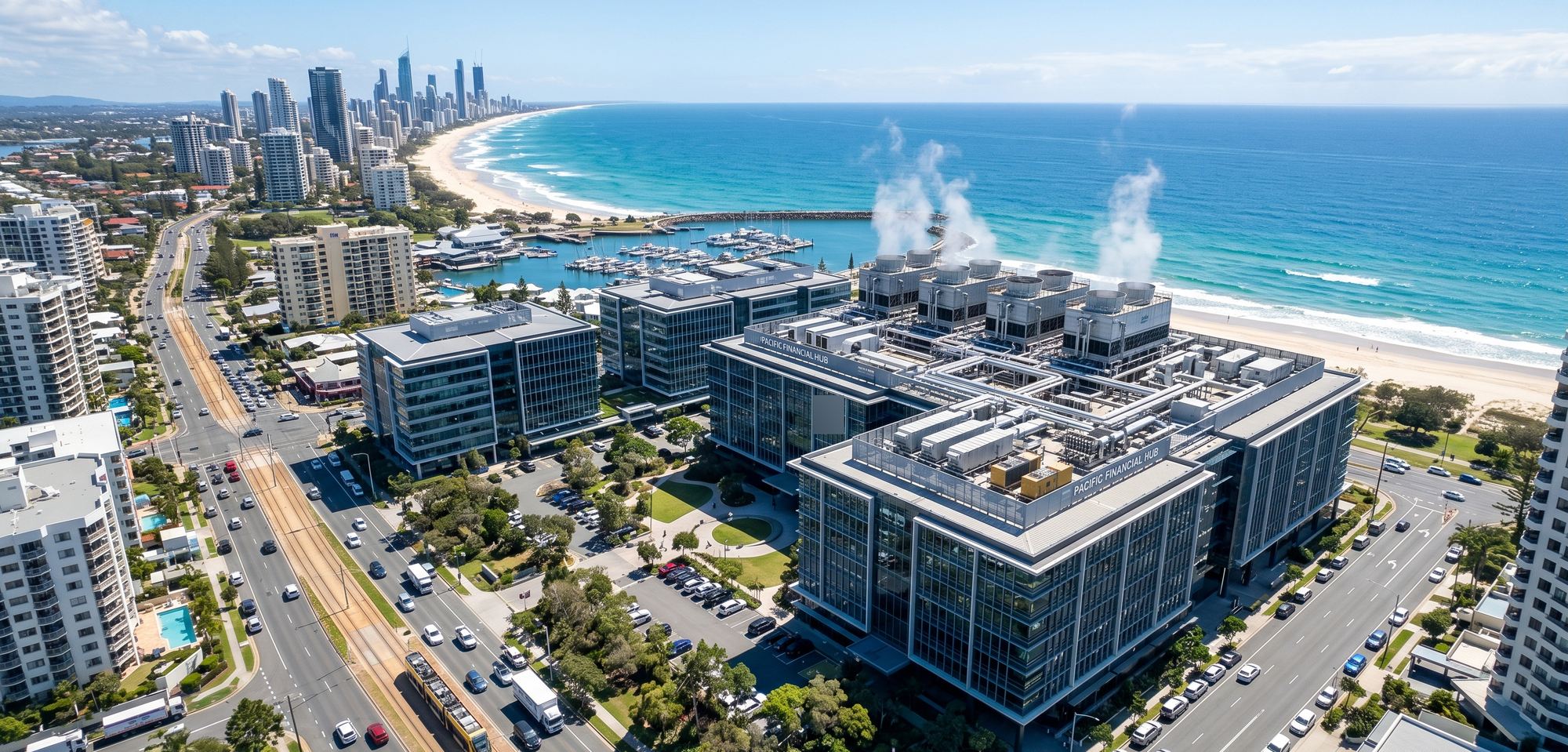 Aerial view of a Gold Coast commercial building campus with rooftop cooling towers, coastal high-rise skyline and beach in the background