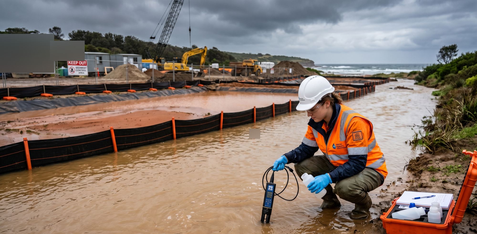 Environmental engineer sampling turbid water at the edge of a sediment basin at a coastal NSW construction site, orange ESC fencing and yellow excavator visible behind